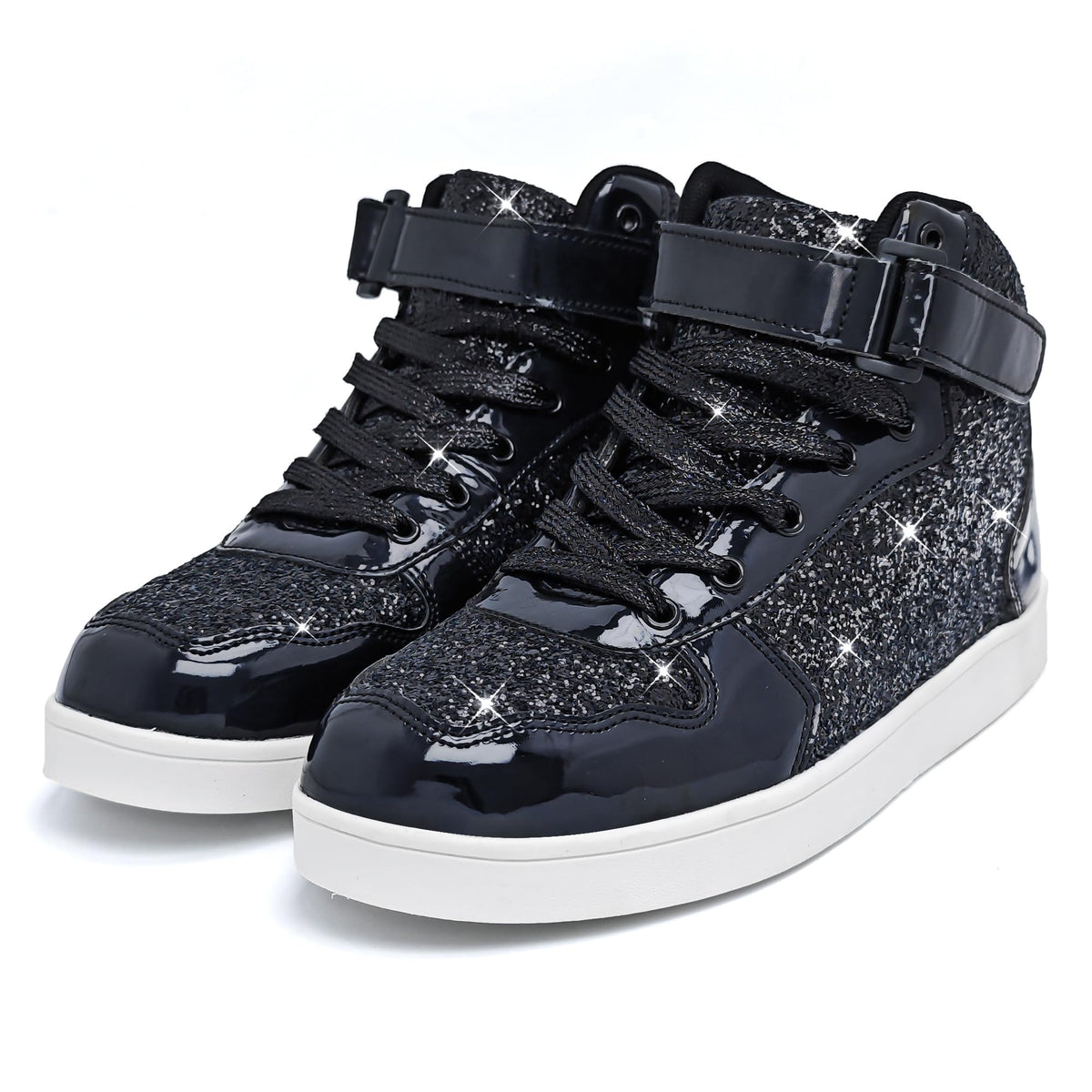 Black glitter kids' high-tops with patent toe and strap, angled