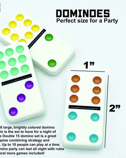 Front Porch Classics, Double 15 Color Dot Dominoes Set On-The-Go Travel Storage Tin, 2 to 12 Players Ages 8 to 99