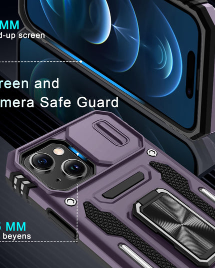 BAHAHOUSES Case for iPhone 15 with Slide Camera Cover, Rotated Ring Kickstand Military Grade Shockproof Protective Cover-Deep Purple