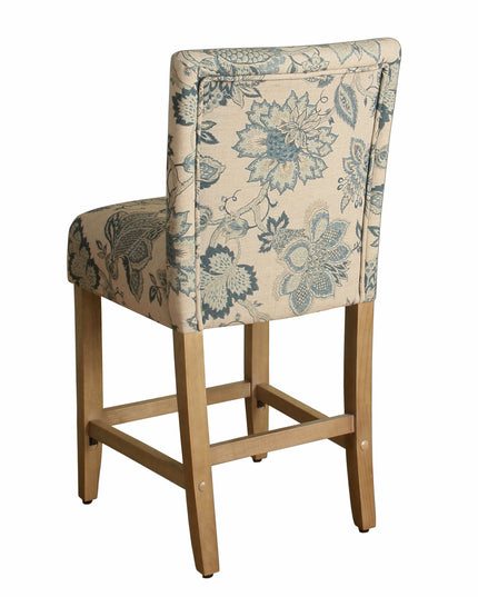 HomePop Upholstered Counter Height Barstool, 24-inch, Blue and Tan Jacobean