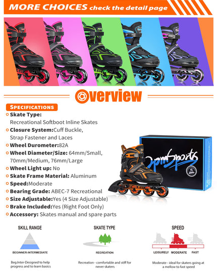 2PM SPORTS Torinx Orange/Red/Green Black Boys Adjustable Inline Skates, Fun Roller Blades for Kids, Beginner Roller Skates for Girls, Men and Ladies