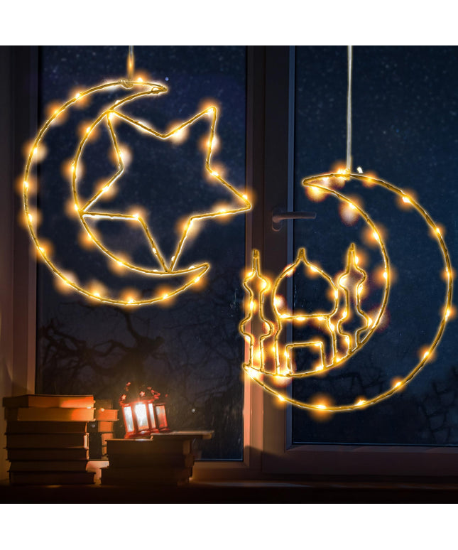 Pinata Ramadan Decorations Moon Star Window Lights 2 Pack Eid Mubarak Decor, Hanging LED Battery Operated Ramadan Lights, Eid Decorations for Home Indoor Outdoor Decor (Heavy Duty Metal Timer Function)