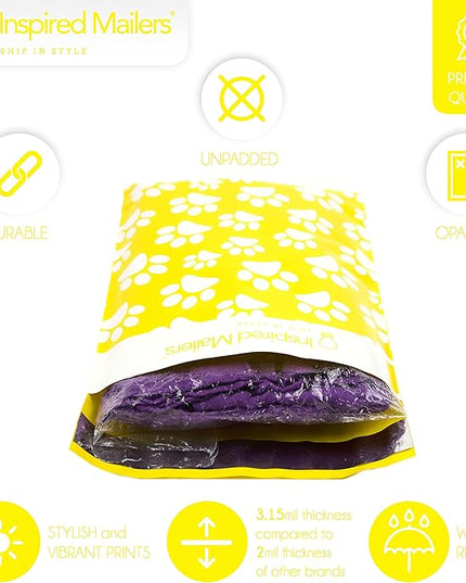 Inspired Mailers 6x9 Poly Mailers - 100 Pack – Adorable Yellow Puppy Paw Print Design – Durable, Cute Shipping Bags for Small Orders, Gifts, Apparel, & More!