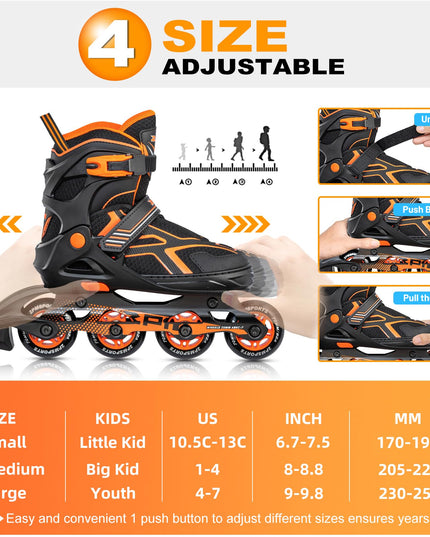 2PM SPORTS Torinx Orange/Red/Green Black Boys Adjustable Inline Skates, Fun Roller Blades for Kids, Beginner Roller Skates for Girls, Men and Ladies