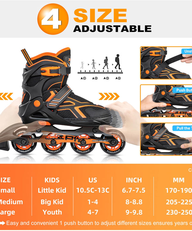 2PM SPORTS Torinx Orange/Red/Green Black Boys Adjustable Inline Skates, Fun Roller Blades for Kids, Beginner Roller Skates for Girls, Men and Ladies