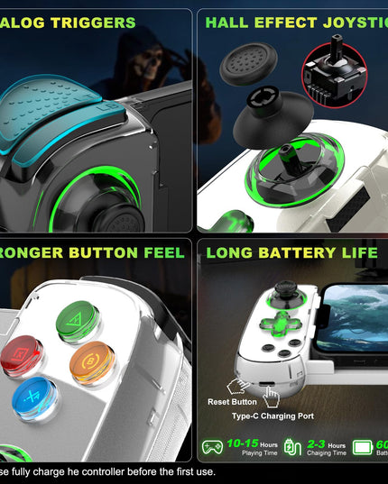 Phone Game Controller for iPhone/Android/PC/Switch, Play COD, Genshin,Support Streaming on PS5/Xbox/PC Console, Cloud Gaming Wireless Gamepad Joystick, Turbo/6-Axis Gyro/Dual Motor, Green Light, White
