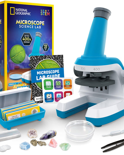 NATIONAL GEOGRAPHIC Microscope for Kids - Science Kit with an Easy-to-Use Kids Microscope, Up to 400x Zoom, Blank and Prepared Slides, Rock & Mineral Specimens, STEM Project Toy (Amazon Exclusive)