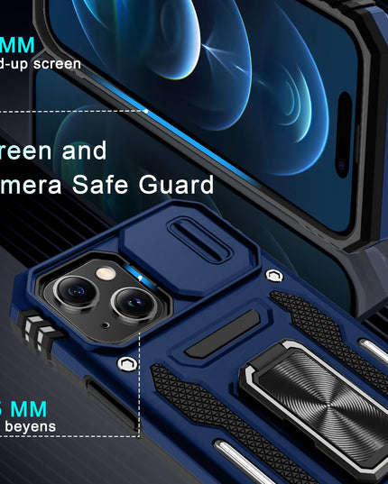 BAHAHOUSES Case for iPhone 15 with Slide Camera Cover, Rotated Ring Kickstand Military Grade Shockproof Protective Cover-Navy Blue