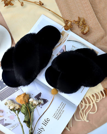 SIZE: 38-39 - Women's Cross Band Slippers Fuzzy Soft House Slippers Plush Furry Warm Cozy Open Toe Fluffy Home Shoes Comfy Indoor Outdoor Slip On Breathable (Black)