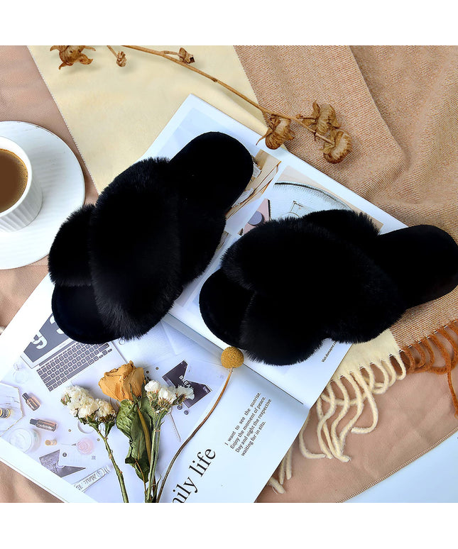 SIZE: 38-39 - Women's Cross Band Slippers Fuzzy Soft House Slippers Plush Furry Warm Cozy Open Toe Fluffy Home Shoes Comfy Indoor Outdoor Slip On Breathable (Black)
