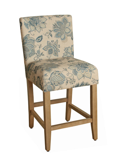 HomePop Upholstered Counter Height Barstool, 24-inch, Blue and Tan Jacobean