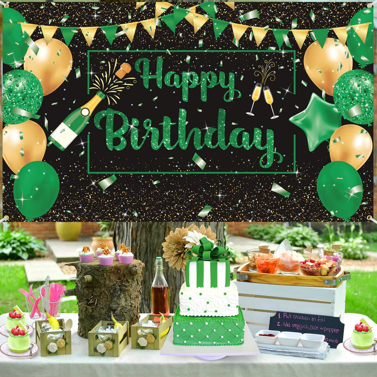 Green Black Gold Birthday Party Decoration Banner, Green Black Happy Birthday Backdrop Banner, Large Green Black Gold Birthday Banner Photography Background Party Decoration for Men Women Boys Girls