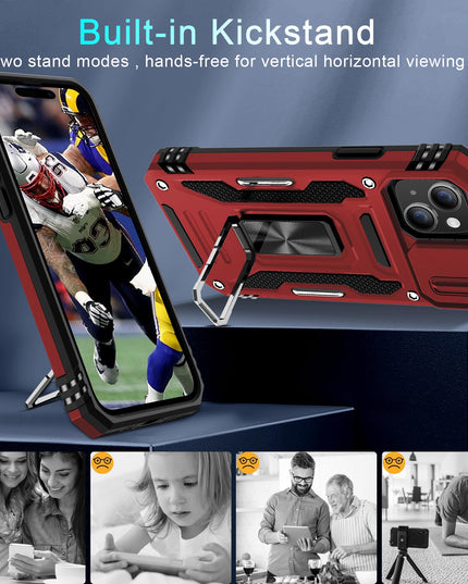 BAHAHOUSES Case for iPhone 15 with Slide Camera Cover, Rotated Ring Kickstand Military Grade Shockproof Protective Cover-Red