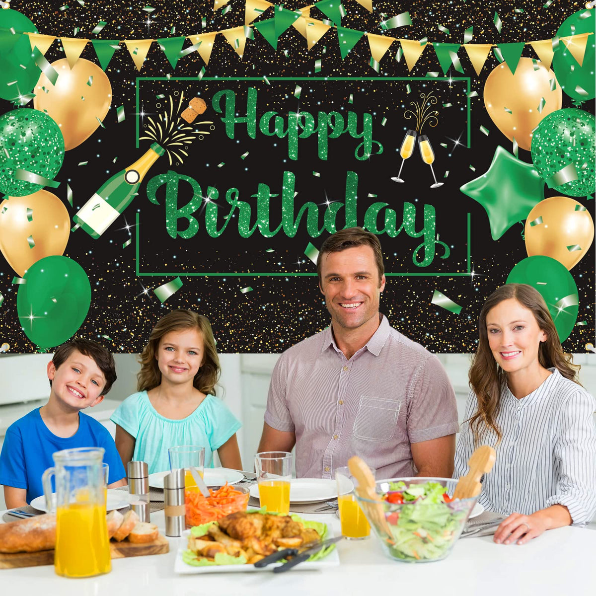 Green Black Gold Birthday Party Decoration Banner, Green Black Happy Birthday Backdrop Banner, Large Green Black Gold Birthday Banner Photography Background Party Decoration for Men Women Boys Girls