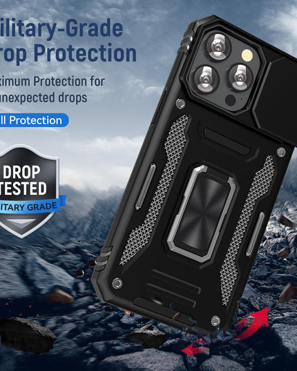UKLCCU Case for iPhone 15 Pro Phone Case iPhone 15 Pro Case for Men Heavy Duty Armor Case with Slide Camera Cover, with Kickstand and Ring for iPhone 15 Pro - Black
