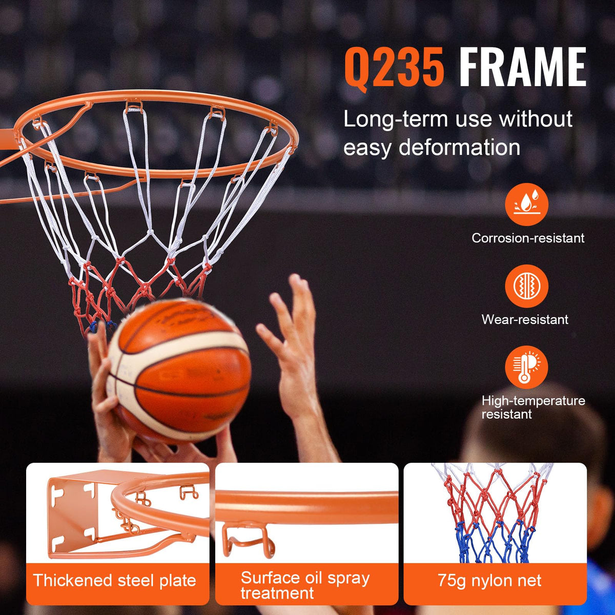 VEVOR Q235 steel frame basketball rim feature graphic