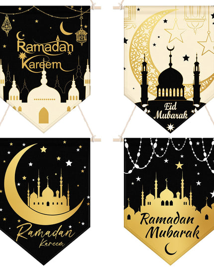 4 Pcs Ramadan Kareem Hanging Door Sign, Eid Mubarak Decorative Ramadan Canvas Sign Party Decorations Welcome Banner for Ramadan Kareem Eid Mubarak Home Door Party Supplies, 14.96 x 11.02 In (Black)