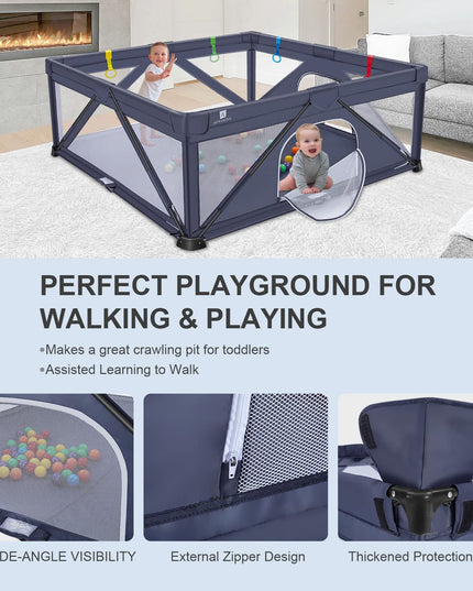 A ALFRESCOOL Baby Playpen, 47"x47"(15.5 sq. ft Space), Foldable Large Playpen for Babies and Toddlers, Indoor & Outdoor Baby Activity Center with Gate & Breathable Mesh, Anti-Fall Portable Play Pens