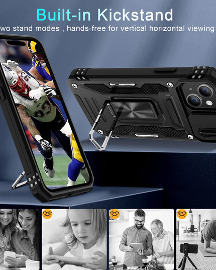 BAHAHOUSES Case for iPhone 15 with Slide Camera Cover, Rotated Ring Kickstand Military Grade Shockproof Protective Cover-Black