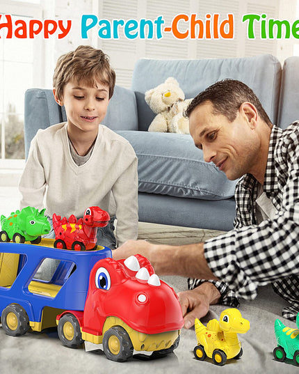 Toddler Car Toy for 2 3 4 5 Years Old, Dinosaur Transport Carrier Truck with 4 Pack Small Pull Back Dino Car, Friction Power Vehicle Christmas Birthday Gift for 18M+ Kids Boys Girls