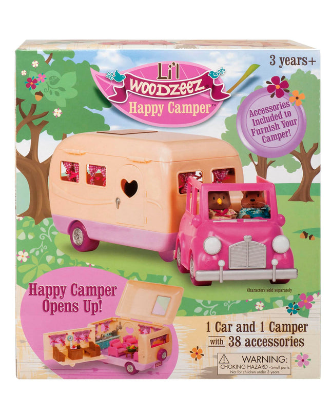 Li’l Woodzeez – Happy Camper Pink with Detachable Toy Vehicle – 40 Pcs Dollhouse Playset Including Furnitures, Play Food & Kitchen Accessories for Kids Age 3+ – Doll Figures Sold Seperately