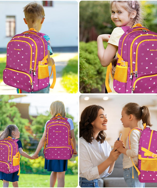 DUPHLAGT Kids Backpack for Girls with Lunch Box, Water Resistant Casual School Bag, Lightweight Elementary Daypack School Backpack for Teen Girls (Purple)