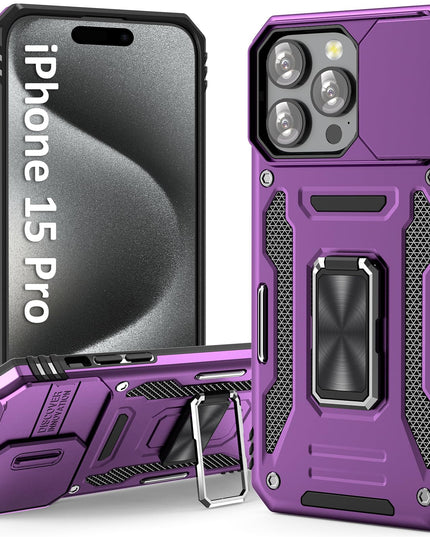 UKLCCU Phone Case for iPhone 15 Pro Case 15 Pro iPhone Phone Case for Women with Camera Cover Slide, Built-in 360° Rotating Kickstand for iPhone 15 Pro - Purple