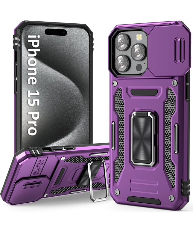 UKLCCU Phone Case for iPhone 15 Pro Case 15 Pro iPhone Phone Case for Women with Camera Cover Slide, Built-in 360° Rotating Kickstand for iPhone 15 Pro - Purple