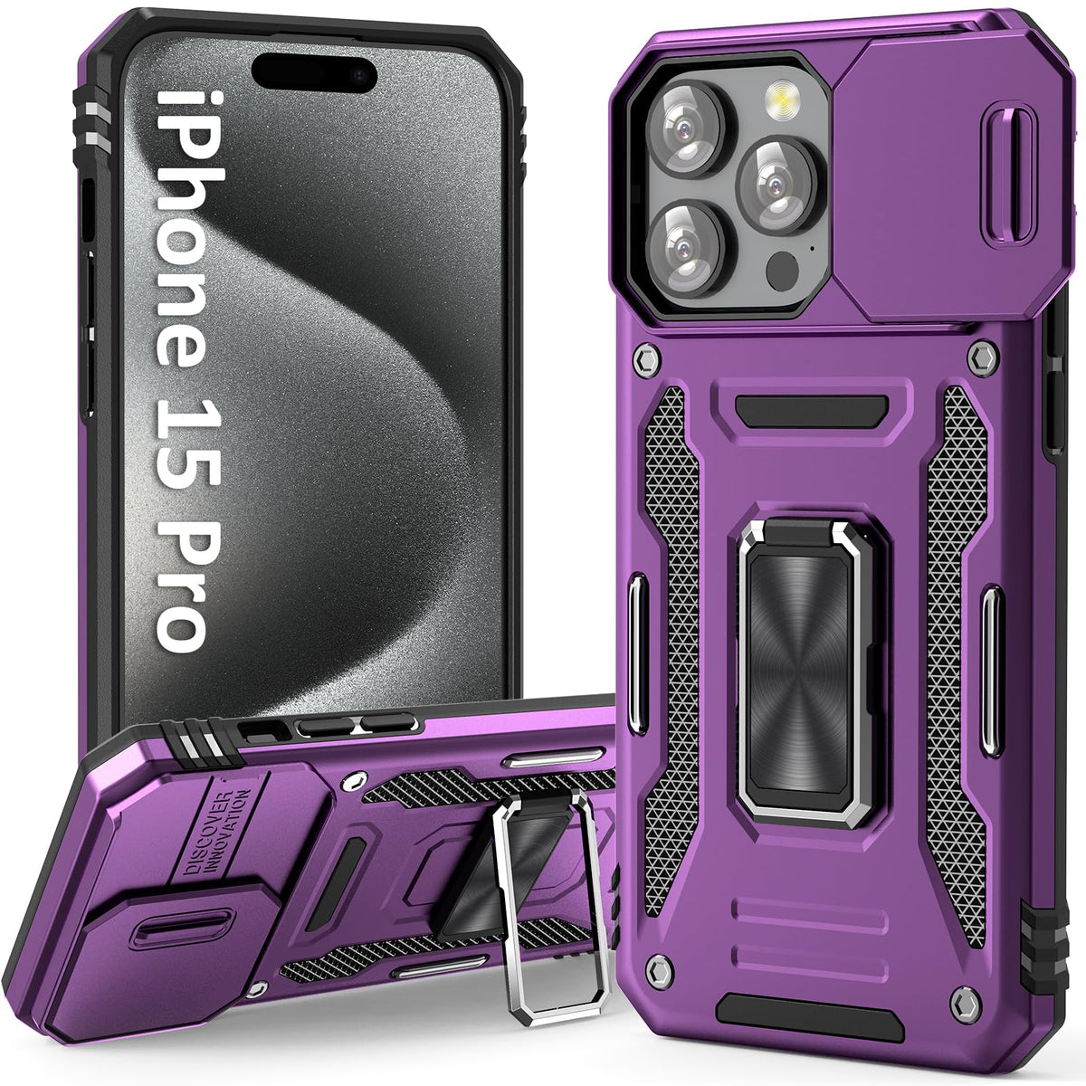 UKLCCU purple iPhone 15 Pro case with slide camera cover and ring stand