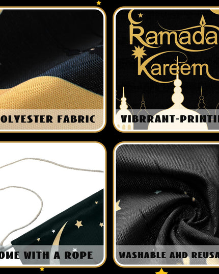4 Pcs Ramadan Kareem Hanging Door Sign, Eid Mubarak Decorative Ramadan Canvas Sign Party Decorations Welcome Banner for Ramadan Kareem Eid Mubarak Home Door Party Supplies, 14.96 x 11.02 In (Black)
