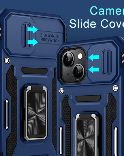 BAHAHOUSES Case for iPhone 15 with Slide Camera Cover, Rotated Ring Kickstand Military Grade Shockproof Protective Cover-Navy Blue