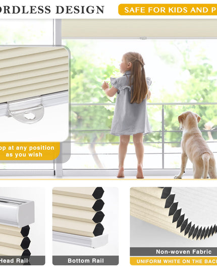 LazBlinds Cordless Cellular Shades, Blackout Honeycomb Shades, Size 91.44 cm W x 182.88 cm H, Cream