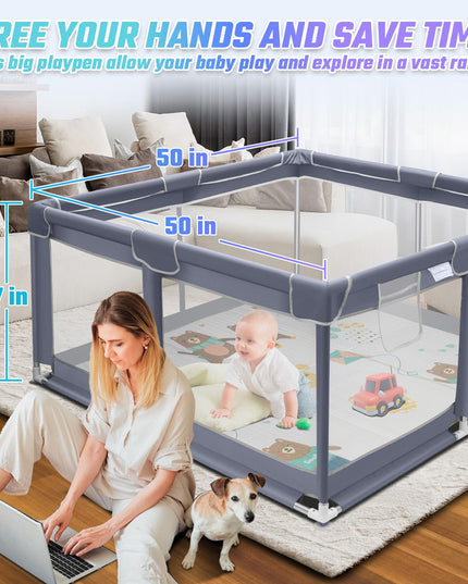 Suposeu Baby Playpen with Mat, Playpen for Babies and Toddlers with Gate, Indoor & Outdoor Playard Kids Activity Center with Anti-Slip Base (Gray, 50"Ãƒâ€”50")