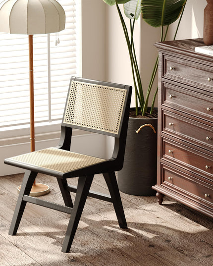 Accent Chair Dining Chairs Set of 2, Solid Wood Frame Boho Rattan Chair, Mid Century Modern Accent Chairs for Living Room Bedroom Dining Room Kitchen (Black)