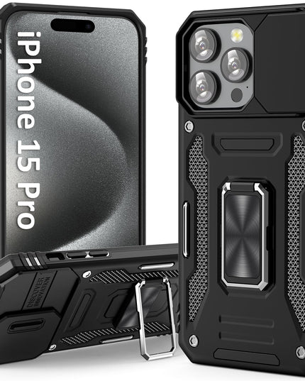 UKLCCU Case for iPhone 15 Pro Phone Case iPhone 15 Pro Case for Men Heavy Duty Armor Case with Slide Camera Cover, with Kickstand and Ring for iPhone 15 Pro - Black
