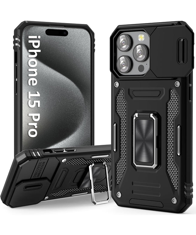 UKLCCU Case for iPhone 15 Pro Phone Case iPhone 15 Pro Case for Men Heavy Duty Armor Case with Slide Camera Cover, with Kickstand and Ring for iPhone 15 Pro - Black