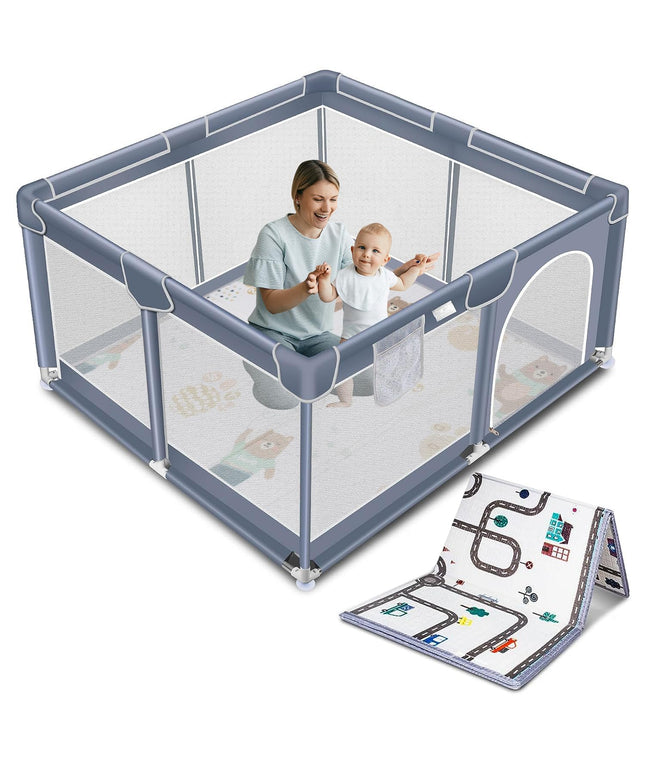 Suposeu Baby Playpen with Mat, Playpen for Babies and Toddlers with Gate, Indoor & Outdoor Playard Kids Activity Center with Anti-Slip Base (Gray, 50"Ãƒâ€”50")