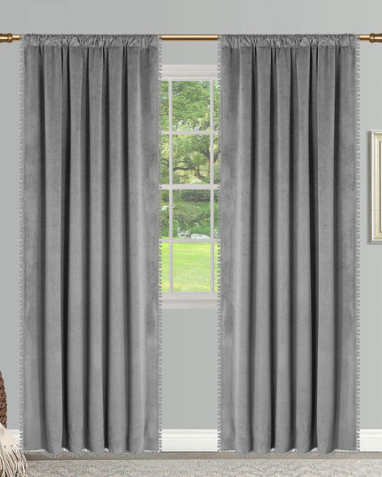 SNITIE Pom Pom Velvet Curtains with Rod Pocket, Set of 2 Panels (Grey)
