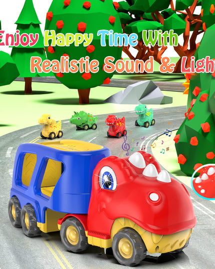 Toddler Car Toy for 2 3 4 5 Years Old, Dinosaur Transport Carrier Truck with 4 Pack Small Pull Back Dino Car, Friction Power Vehicle Christmas Birthday Gift for 18M+ Kids Boys Girls