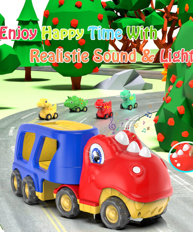 Toddler Car Toy for 2 3 4 5 Years Old, Dinosaur Transport Carrier Truck with 4 Pack Small Pull Back Dino Car, Friction Power Vehicle Christmas Birthday Gift for 18M+ Kids Boys Girls