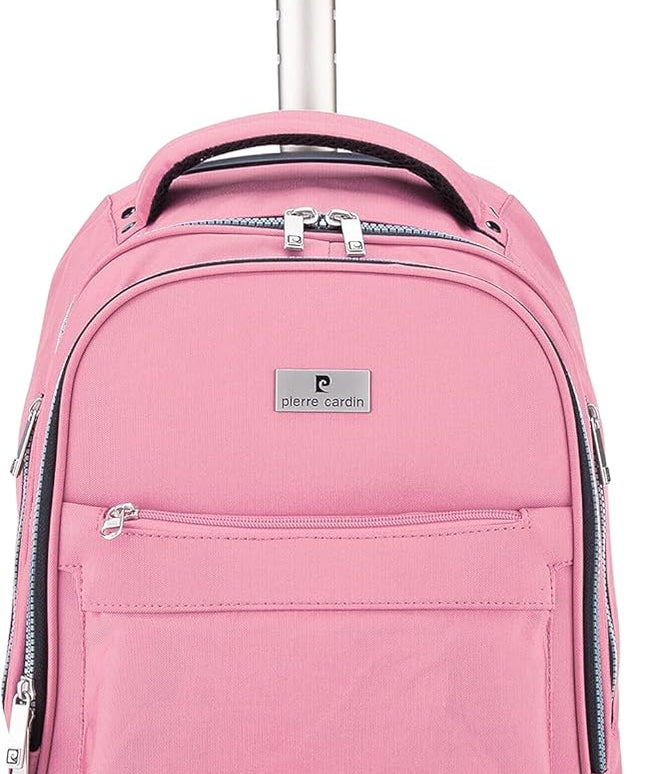 Pierre Cardin Trolley backpack School bag 3 PCS set All in One 2 BIG WHEEL Rolling Backpack Pencil case, Lunch bag and trolley backpack UNISEX PC87067-Pink