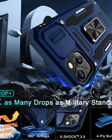 BAHAHOUSES Case for iPhone 15 with Slide Camera Cover, Rotated Ring Kickstand Military Grade Shockproof Protective Cover-Navy Blue