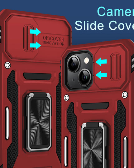 BAHAHOUSES Case for iPhone 15 with Slide Camera Cover, Rotated Ring Kickstand Military Grade Shockproof Protective Cover-Red