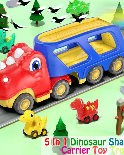 Toddler Car Toy for 2 3 4 5 Years Old, Dinosaur Transport Carrier Truck with 4 Pack Small Pull Back Dino Car, Friction Power Vehicle Christmas Birthday Gift for 18M+ Kids Boys Girls