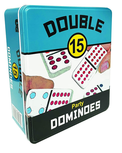 Front Porch Classics, Double 15 Color Dot Dominoes Set On-The-Go Travel Storage Tin, 2 to 12 Players Ages 8 to 99