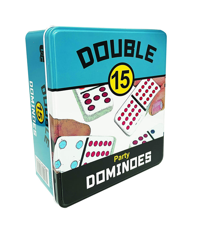 Front Porch Classics, Double 15 Color Dot Dominoes Set On-The-Go Travel Storage Tin, 2 to 12 Players Ages 8 to 99