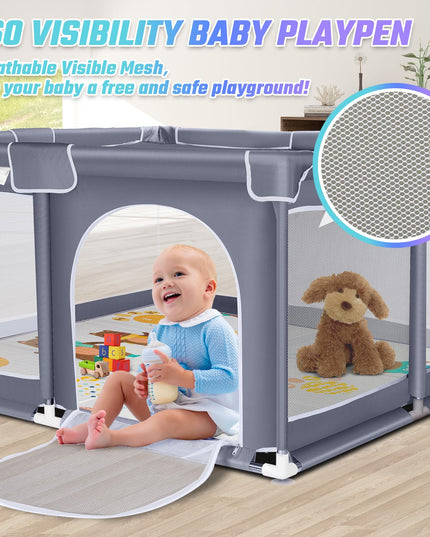 Suposeu Baby Playpen with Mat, Playpen for Babies and Toddlers with Gate, Indoor & Outdoor Playard Kids Activity Center with Anti-Slip Base (Gray, 50"Ãƒâ€”50")