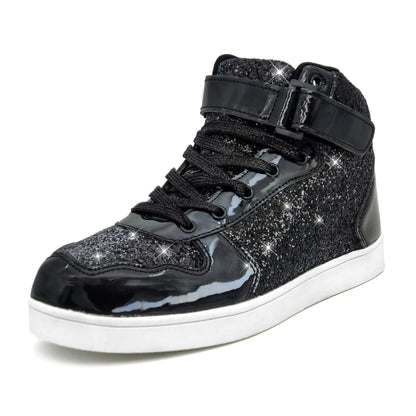 Single black glitter high-top sneaker with velcro strap, side