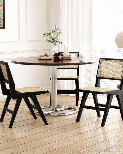 Accent Chair Dining Chairs Set of 2, Solid Wood Frame Boho Rattan Chair, Mid Century Modern Accent Chairs for Living Room Bedroom Dining Room Kitchen (Black)