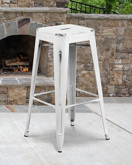 Flash Furniture Kai Commercial Grade 30" High Backless Distressed White Metal Indoor-Outdoor Barstool